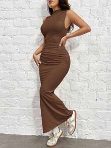 Vestido de verano elegante de mujer estilo sirena amarillo sin mangas - Café integral - Ver 4