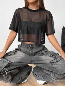 Top de malla negra de manga corta para mujer - Negro 2 - Ver 6