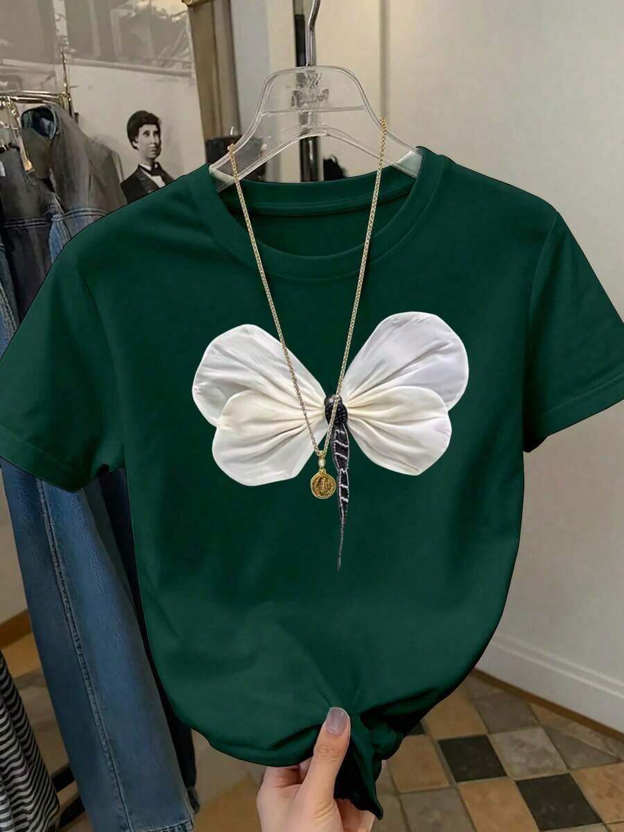 Camiseta casual de mujer de manga corta, cuello redondo, estampado de libélula, holgada - Verde militar - Ver 1