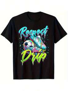 Camiseta unisex con estampado de fútbol negro, playeras de hombre,cuello redondo y manga corta, transpirable y cómoda, ideal para uso casual en verano - Negro - Ver 2