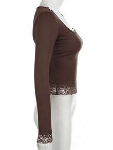 Camiseta elegante de manga larga con cuello cuadrado, unicolor y encaje contrastante para mujer, ideal para atuendos primaverales - Café integral - Ver 6