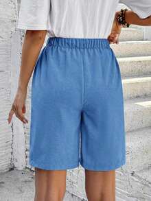 Bermudas, unicolor, con bolsillos laterales, corte holgado, longitud hasta la rodilla, cintura media, estilo básico - Azul - Ver 2