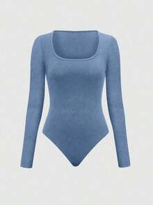 Set de 2 piezas: Top con bajo asimétrico y pantalones de unicolor - Niebla azul - Ver 3