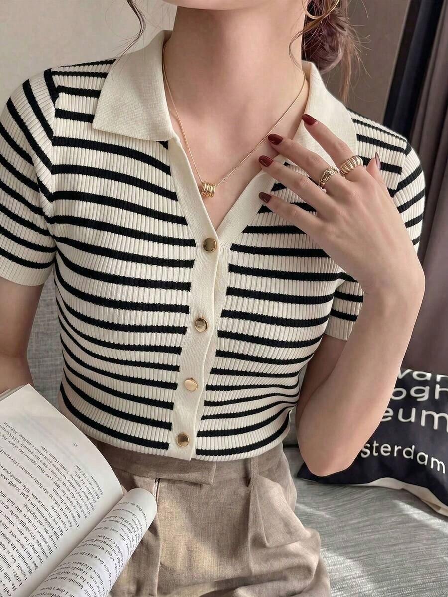 de punto con cuello polo y mangas raglán cortas para mujer, ligera y versátil, ideal para primavera/verano - tiras de albaricoque negro - Ver 1