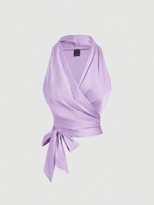 Parte superior de tirantes sin mangas con nudo en la espalda y diseño cruzado en azul claro vintage para mujer - Lila Púrpura - Ver 6