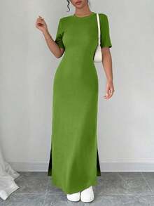 Vestido largo de mujer de manga corta con cuello en V y bajo dividido, de unicolor, vestido maxi elegante de color burdeos, vestido largo ajustado, vestido largo rojo, vestido maxi de manga corta para mujer, vestidos de mujer, vestido largo ajust - Verde - Ver 3