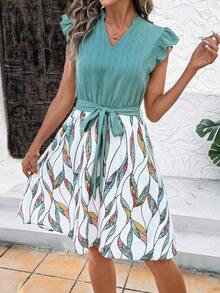 Vestido con estampado gráfico, cuello con muesca, volantes, cinturón, lunares, vestidos para mujer, vestidos casuales de primavera, vestidos de picnic, vestidos de verano, vestidos de primavera, vestidos de festival, vestidos de Pascua, vestid - Multicolor 3 - Ver 1