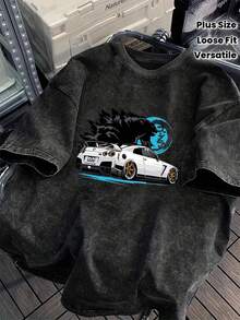 Men's Heavyweight 230G Vintage Washed Graphic T-Shirt, Distressed Streetwear Short Sleeve Top - Casual Summer Loose Fit, Car Design, Crew Neck Short Sleeve T-Shirt, Versatile And  Men's Clothing - 黑色 - 查看 7