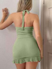 Vestido mini rosa transparente con cuello halter atado al cuello, ribete de volantes y envoltura de malla para el verano de - verde menta - Ver 2