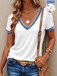 Camiseta informal de mujer con cuello en V y bloque de color en contraste de manga corta - Blanco 2 - Ver 4