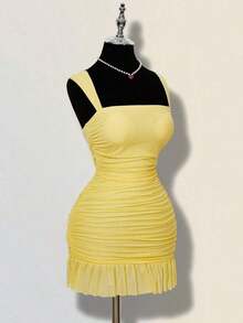 Vestido mini ajustado de mujer de unicolor elegante con malla y drapeado - Amarillo claro - Ver 3