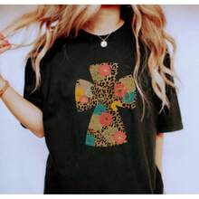 Camiseta con Cruz Cristiana, Camiseta de Fe, Regalos para Cristianos, Suéter de Jesús, Cruz Floral, Leopardo, Ropa de Iglesia - Negro - Ver 3