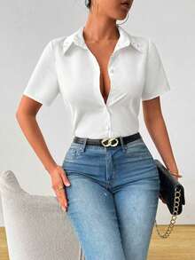 Camisa casual de oficina de unicolor de manga corta y abotonadura sencilla para mujer - Blanco - Ver 4