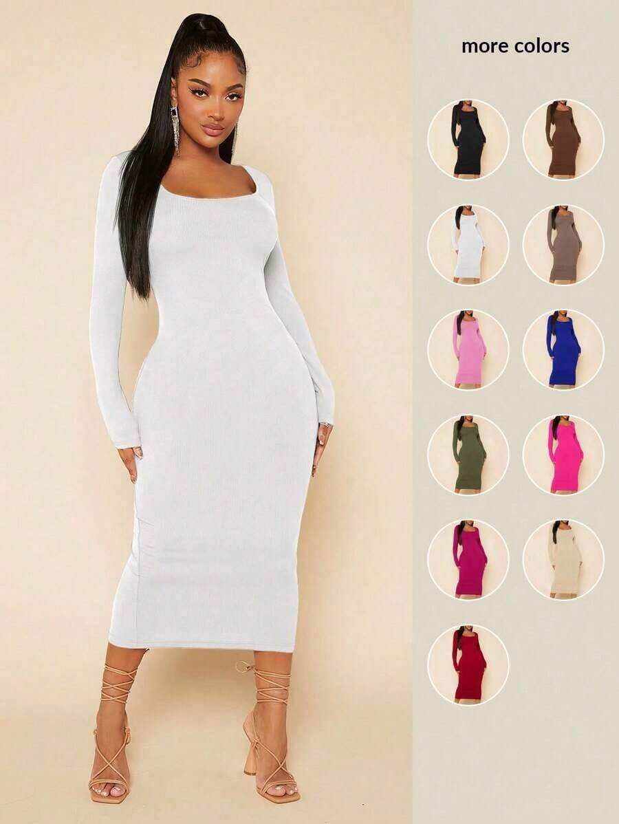 Vestido ajustado unicolor de cuello scoop - Blanco - Ver 1