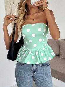 Top bandeau con dobladillo de peplum con estampado de lunares de moda para mujer - Verde - Ver 6