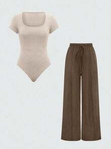 Conjunto de 2 piezas de bodys de manga corta de unicolor y pantalón de pierna ancha para primavera/verano - Albaricoque - Ver 7