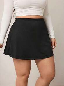 Falda corta casual de línea A de unicolor negro básico para mujer de talla grande, amigable con las curvas del Body redondeado, para el invierno, para la figura de Body redondeado tipo manzana - Negro 3 - Ver 6