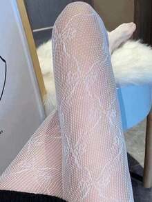 女士蝴蝶网纱印花打底裤，适合搭配裙子 - 白色 - 查看 10