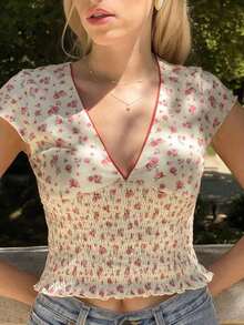 Camiseta de manga francesa con cuello en V y estampado floral amarillo para mujer de verano - Amarillo - Ver 3