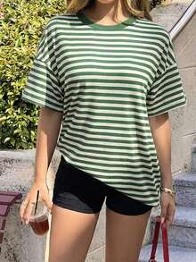 Camiseta casual de mujer  de cuello redondo holgado, camiseta de manga corta de ajuste ceñido con parches a rayas minimalista, adecuada para primavera/verano, ideal para el Día de San Valentín - Verde 2 - Ver 8