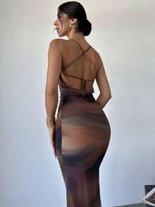 Vestido ajustado de tela transparente con tirantes de atar en el hombro descubierto y espalda descubierta, de colores degradados, elegante para uso diario u ocasiones de vacaciones, estilo veraniego - Multicolor - Ver 5