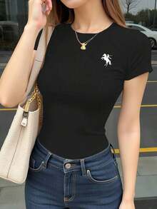 Camiseta casual de manga corta y cuello redondo ajustada para mujer, color café - Negro 2 - Ver 8