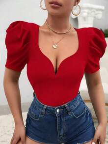 Camiseta escote corazón de manga farol - Rojo - Ver 4