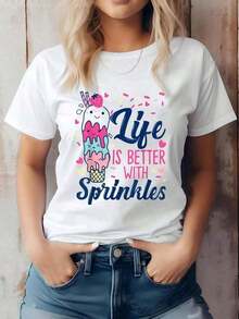 1 camiseta unisex "La vida es mejor con chispas" con diseño de cono de helado y sundae, 180g, 100% algodón. - Blanco - Ver 1