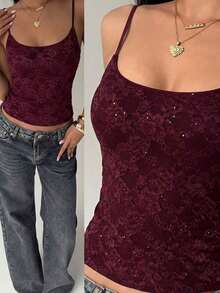 Camiseta de mujer nueva con encaje y aplicación de lentejuelas, ropa de calle sexy - Burdeos - Ver 1