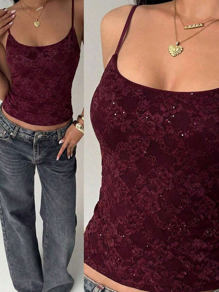 Camiseta de mujer nueva con encaje y aplicación de lentejuelas, ropa de calle sexy - Burdeos - Ver 1