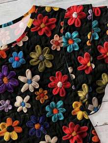 Blusa de mujer de cuello redondo y manga corta con estampado floral casual, adecuada para primavera/verano - Negro - Ver 5