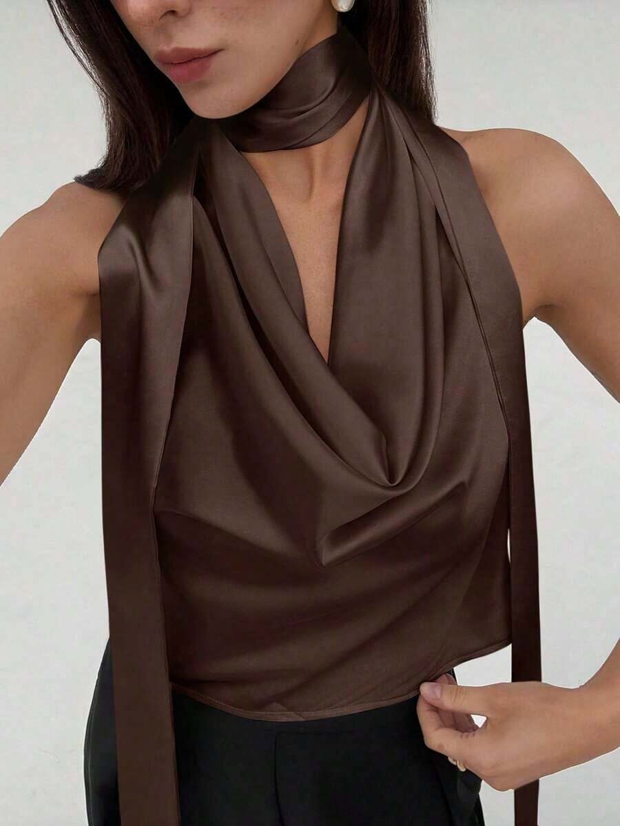 elegante de diosa para mujer en color albaricoque, ideal para dama de honor, boda, fiesta, cita, vacaciones románticas.Diseño fluido, con cuello halter y espalda descubierta, sexy, para verano y vacaciones - Café integral - Ver 1