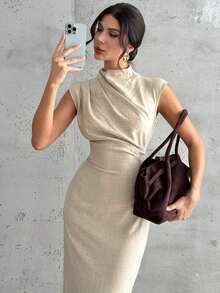 Vestido largo de mujer elegante y casual para uso diario, viajes y moda, con cuello mao, mangas drapeadas y cintura ceñida en color albaricoque - Albaricoque - Ver 6