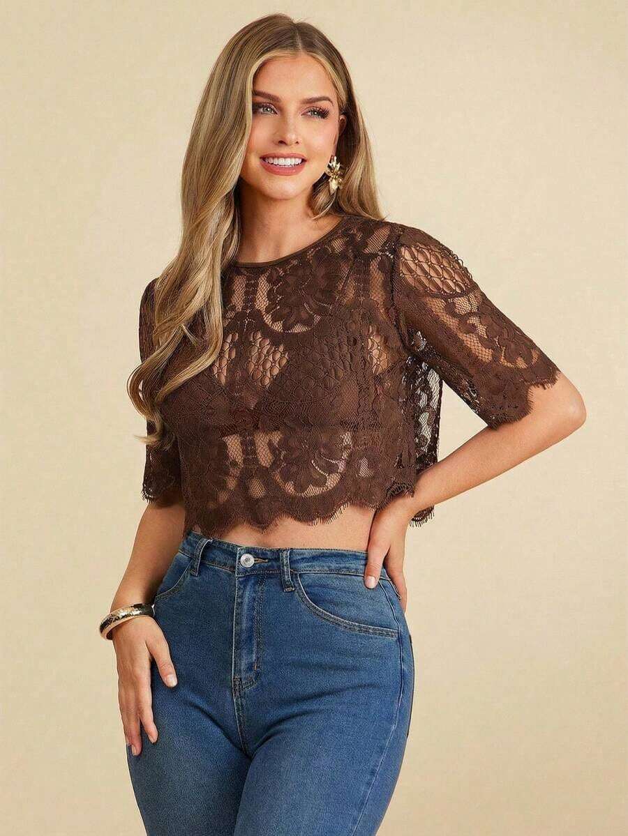 Blusa suelta de manga corta con encaje elegante para mujer, adecuada para la temporada de bodas, citas, primavera y verano, color: Blusa de verano casual de primavera y verano para mujer Blusa blanca Blusa bohemia Blusa de ojal Blusas de verano par - Café integral - Ver 1