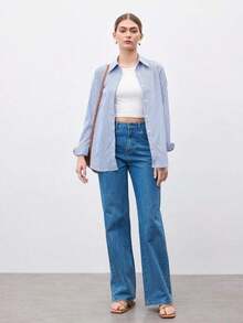 Camisa de manga larga con botones y estampado de rayas azules y blancas para mujer, camisa de moda para ir al trabajo, camisa casual, blusa de vestir informal, elegante blusa formal para damas - Azul - Ver 8