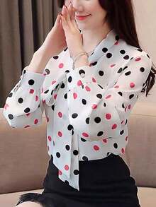 Blusa casual con manga larga, estampado de lunares y cuello con lazo para mujer, primavera-verano, Parte superior de manga larga - Multicolor - Ver 4
