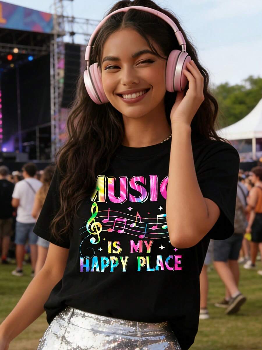 Camiseta de manga corta con cuello redondo para mujer con estampado "La música es mi lugar feliz". - Negro - Ver 1