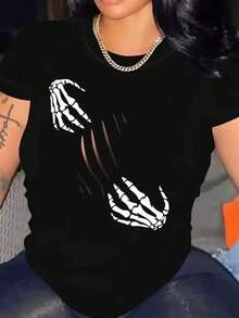 New 2026 Camiseta de cuello redondo con estampado de calavera, top de manga corta casual para primavera y verano, ropa de mujer 1  Sexy  Casual  Dulce  Fiesta  Elegante    Alta elasticidad  Playa  Noche de fiesta  Vacaciones  Boda  Deportivo  Oficina  Casa    verano - Negro - Ver 6