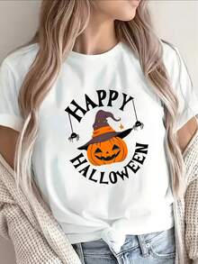 Camiseta de Halloween con Diseño de Calabaza y Bruja, Ligera y Duradera para Fiestas, Uso en Casa o Restaurante, Cómoda Camiseta de Manga Corta en Varios Colores. Camiseta de Algodón Familiar Coordinada - Blanco - Ver 1