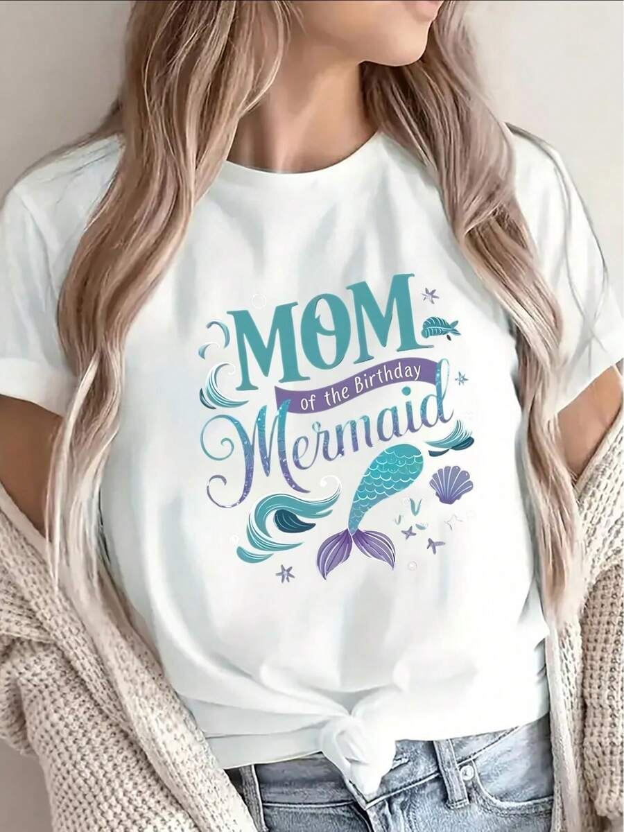 Camiseta de manga corta para mujer con diseño de sirena de cumpleaños, ideal para salidas informales, eventos familiares y fiestas.Es ligera y cómoda, perfecta para días en la playa y para usar en casa. - [Blanco] - Ver 1