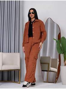 Women's Corduroy Cargo Set – Oversized Shirt And Jogger Pants - 軍綠色 - 查看 6