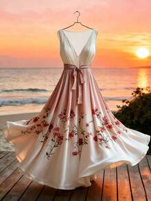 Vestido de mujer de longitud media sin mangas con cuello en V, estampado floral y efecto degradado - Multicolor - Ver 1
