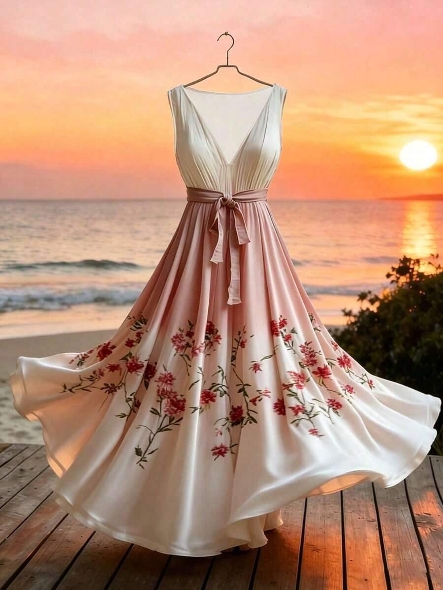 Vestido de mujer de longitud media sin mangas con cuello en V, estampado floral y efecto degradado - Multicolor - Ver 1