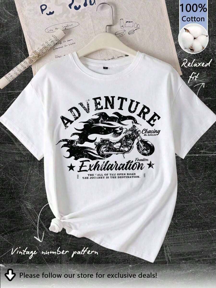 FASHIOGIRL Short Sleeve T-Shirt With Round Neck, Black And White Lip Print, Casual Minimalist Urban Style, Loose Fit For Women, Cotton Blend, Summer - 白色1 - 查看 1
