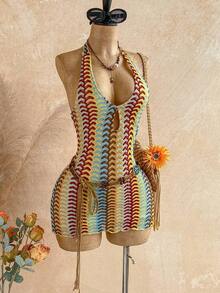 Vestido mini casual para vacaciones, boda en la playa, graduación, brunch, Día de San Patricio, vacaciones de primavera, Pascua, festival de música, elegante bohemio, tropical elegante sin tirantes, hombros descubiertos, espalda descubierta para of - Multicolor 4 - Ver 4