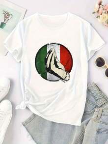 Women's Casual Crew Neck T-Shirt With Mexican Print, Short Sleeves, Featuring The National Flag, Sporty Style, Urban Fashion. Ideal For Gifting. Women's T-Shirt. Elegant. Bohemian Style. Soft, Breathable, And Comfortable Garment, Perfect For Spring, Summer, And Fall; Ideal For Vacations, Travel, And Everyday Wear. Perfect For Watching A Game. - 白色的 - 查看 1