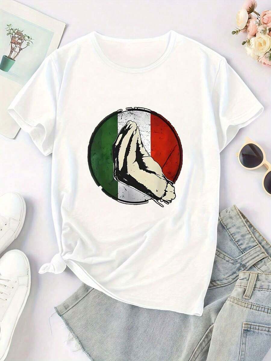 Women's Casual Crew Neck T-Shirt With Mexican Print, Short Sleeves, Featuring The National Flag, Sporty Style, Urban Fashion. Ideal For Gifting. Women's T-Shirt. Elegant. Bohemian Style. Soft, Breathable, And Comfortable Garment, Perfect For Spring, Summer, And Fall; Ideal For Vacations, Travel, And Everyday Wear. Perfect For Watching A Game. - 白色的 - 查看 1