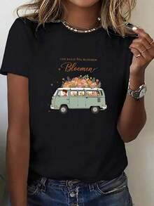 A Cute And Fun 2D Flat Print T-Shirt Featuring A Vintage Bus Design Adorned With Flowers. The Comfortable And Casual Crew Neck Design Offers A Modern European And American Street Style With A 2D Flat Print. Casual Blouses For Women, Latest Style Blouses For Women > Basic. Bestselling Item. Casual Style. ZAKL Basic Crew Neck Cotton T-Shirt For Women - 黑色 - 查看 11