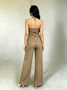 Conjunto de top halter y pantalones de color café claro, estilo sencillo para ir al trabajo - Caqui - Ver 4