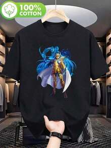 Saint Seiya Japanese Anime T-Shirt - Golden Zodiac Characters (Aries, Leo, Sagittarius) Unisex For Men And Women, 180GSM, Crew Neck, Short Sleeve, Iconic Sleeve Print For Gym And Casual Wear, Suitable For Spring, Summer, And Autumn. Y2k T-Shirt - 黑色 - 查看 9